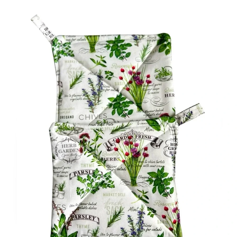 Hand Crafted Garden Herb Design Pot Holders - Green and White Hot Mat Trivet